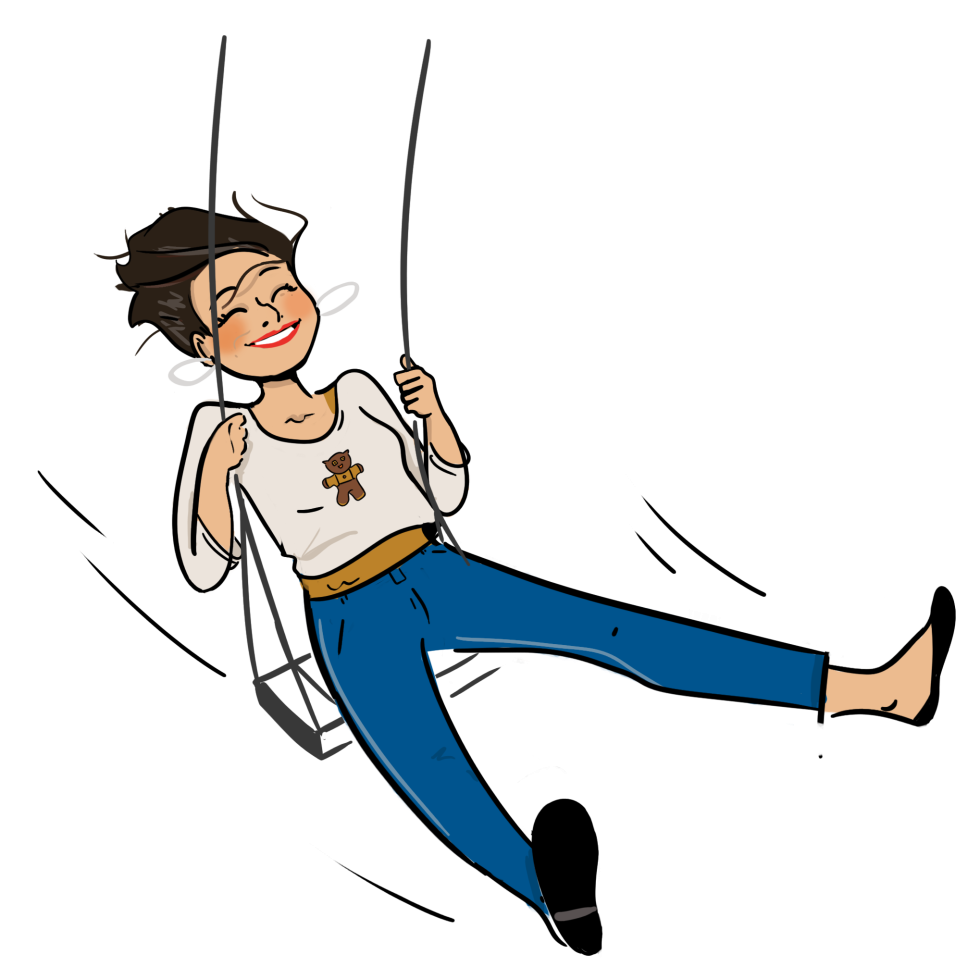 Dessin d'Aliko, l'avatar d'Alice, sur une balançoire, heureuse de vivre ce moment