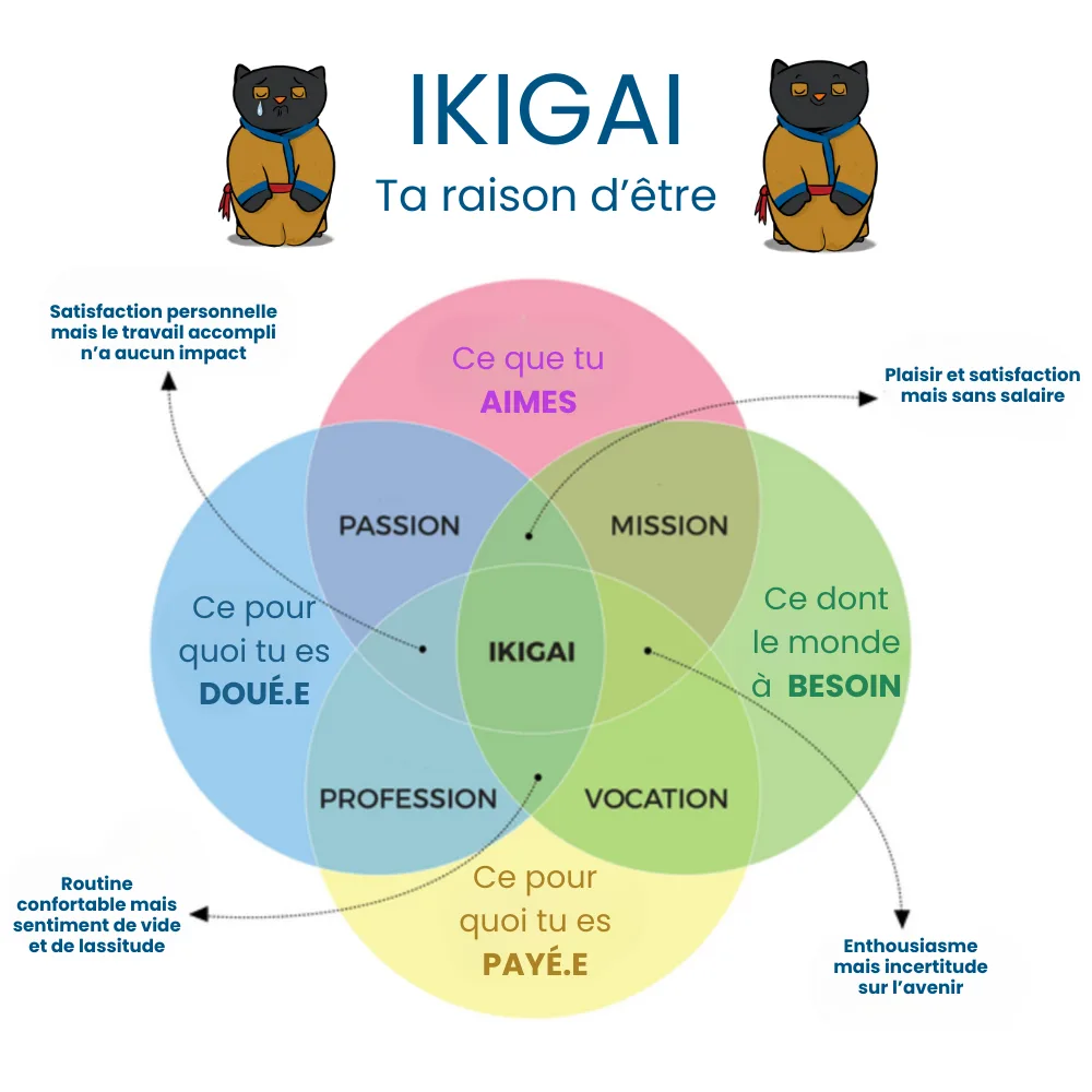 Schéma Ikigai avec le détail par cercle et intersection
