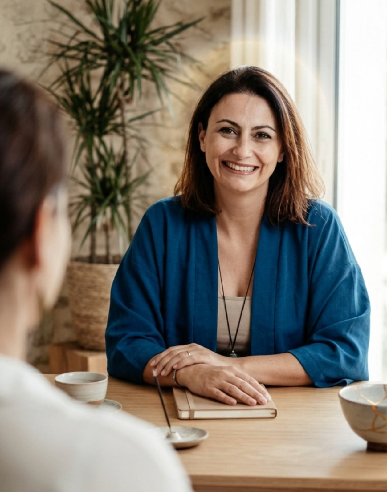 Alice Hoareau - KAKKO - séance d'accueil Une photo d'alice hoareau face à une cliente. Une aura entoure sa tête pour exprimer la dimension spirituelle qu'elle apporte à ses clients entrepreneurs